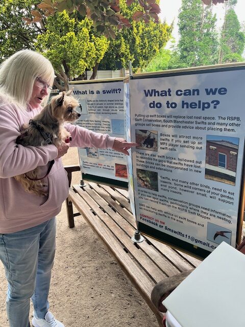 A visitor to one of our events, holding her dog and pointing to an information board which reads 'What can we do to help?'