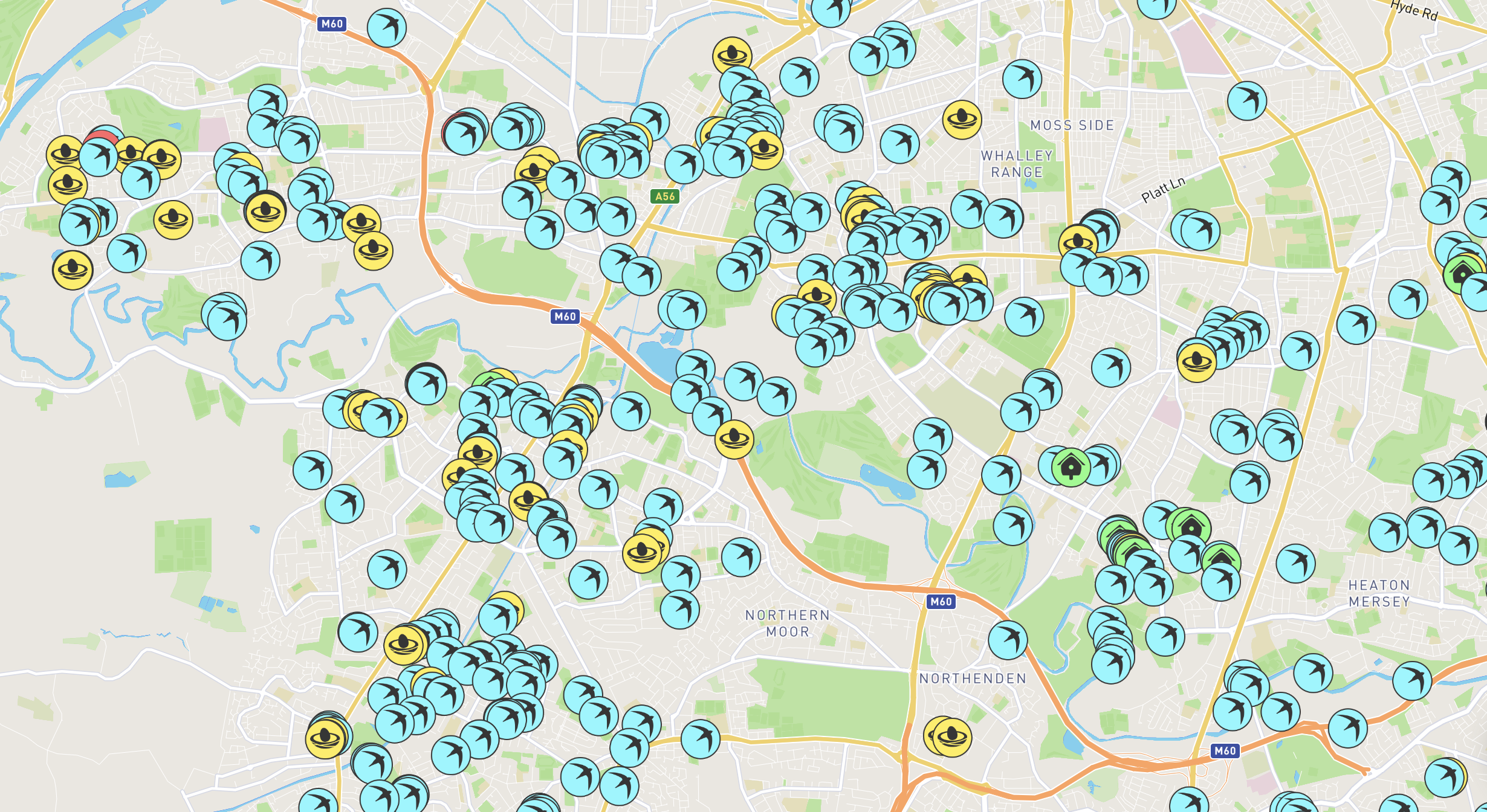 A screenshot of the Swift Mapper map view, showing various pins across a map of south Manchester.