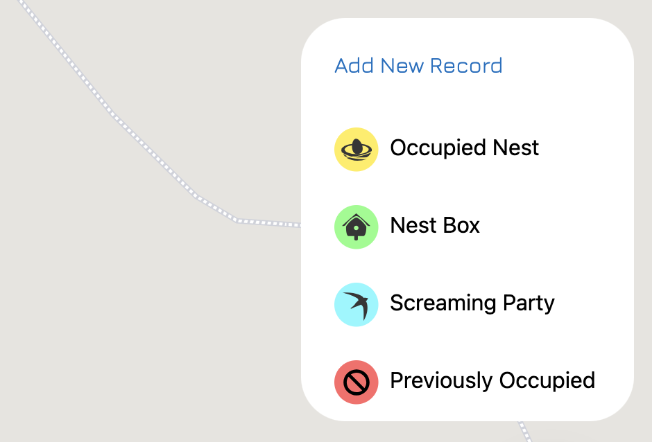 Screenshot from Swift Mapper showing a menu of options for a new record, which are Occupied Nest, Nest Box, Screaming Party and Previously Occupied.